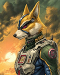 GRID THUMBNAIL — Anthropomorphic fox in futuristic armour and visor, shown in profile against a dramatic orange sunset sky with clouds, suggesting a science-fiction warrior.