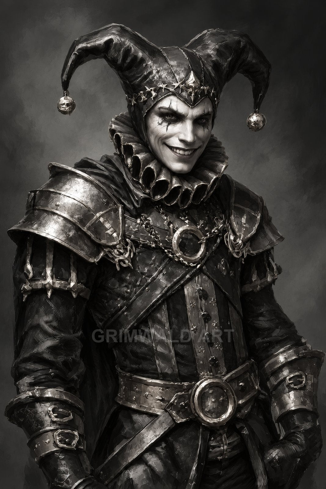 Monochrome portrait of a sinister jester in ornate armour and ruffed collar, grinning beneath a horned cap with bells against a dark background.