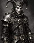 GRID THUMBNAIL — Monochrome portrait of a sinister jester in ornate armour and ruffed collar, grinning beneath a horned cap with bells against a dark background.