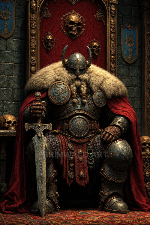 Heavily armoured monarch with horned helmet sits on ornate skull-decorated throne, red cloak and fur mantle, gripping a large engraved sword in a firelit hall.