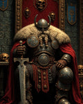 GRID THUMBNAIL — Heavily armoured monarch with horned helmet sits on ornate skull-decorated throne, red cloak and fur mantle, gripping a large engraved sword in a firelit hall.
