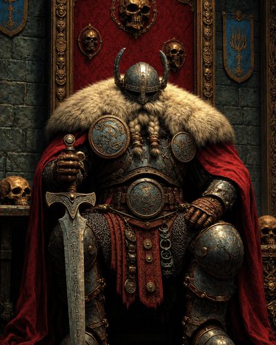 GRID THUMBNAIL — Heavily armoured monarch with horned helmet sits on ornate skull-decorated throne, red cloak and fur mantle, gripping a large engraved sword in a firelit hall.