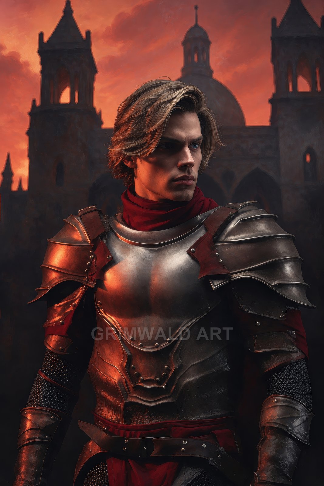 Portrait of a young male knight in polished plate armour with a crimson scarf, standing before a silhouetted cathedral at orange sunset.