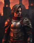 GRID THUMBNAIL — Portrait of a young male knight in polished plate armour with a crimson scarf, standing before a silhouetted cathedral at orange sunset.