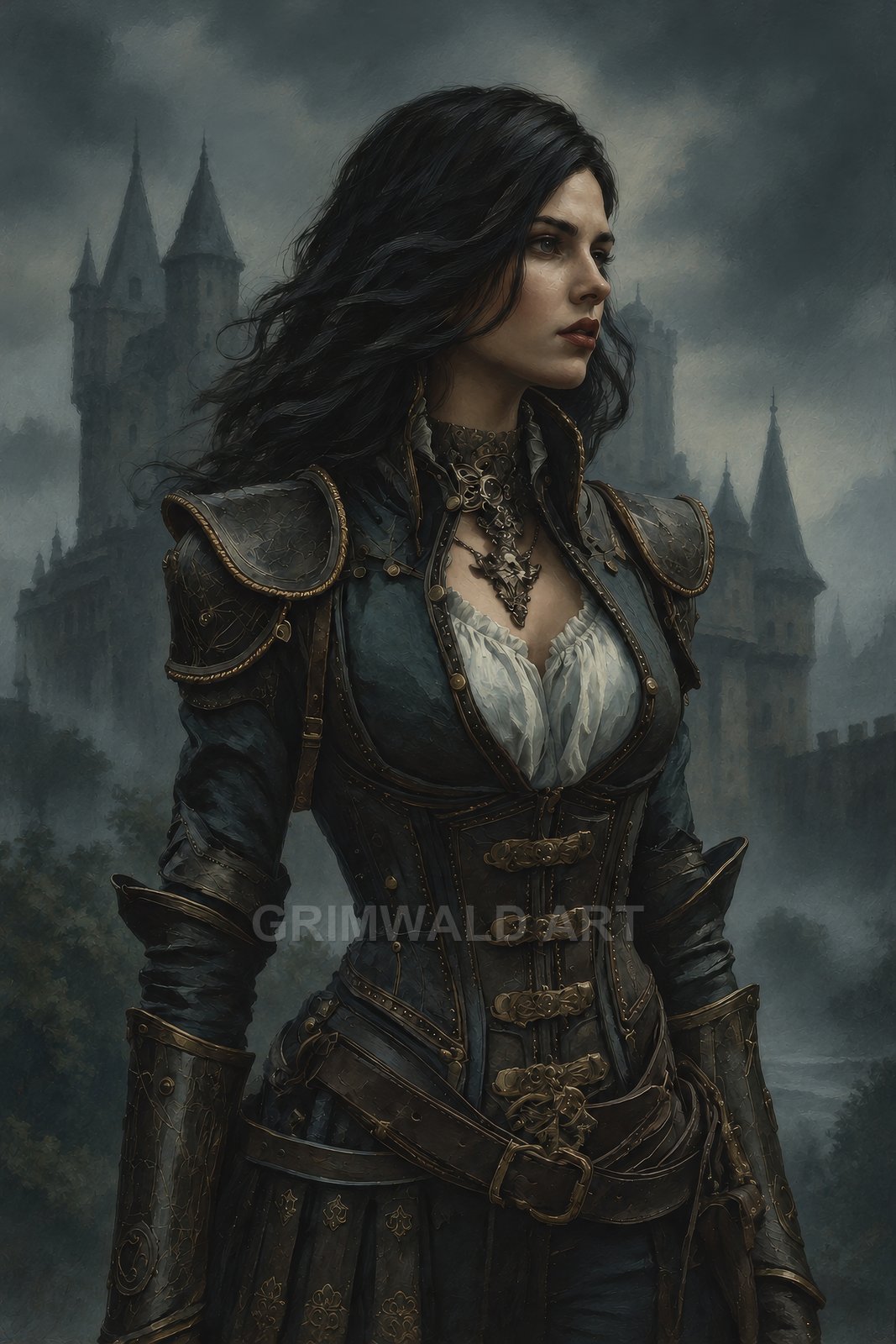 Dark-haired woman in leather and metal armour stands before a misty gothic castle, ornate choker and buckled corset under a moody twilight sky.
