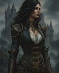 GRID THUMBNAIL — Dark-haired woman in leather and metal armour stands before a misty gothic castle, ornate choker and buckled corset under a moody twilight sky.