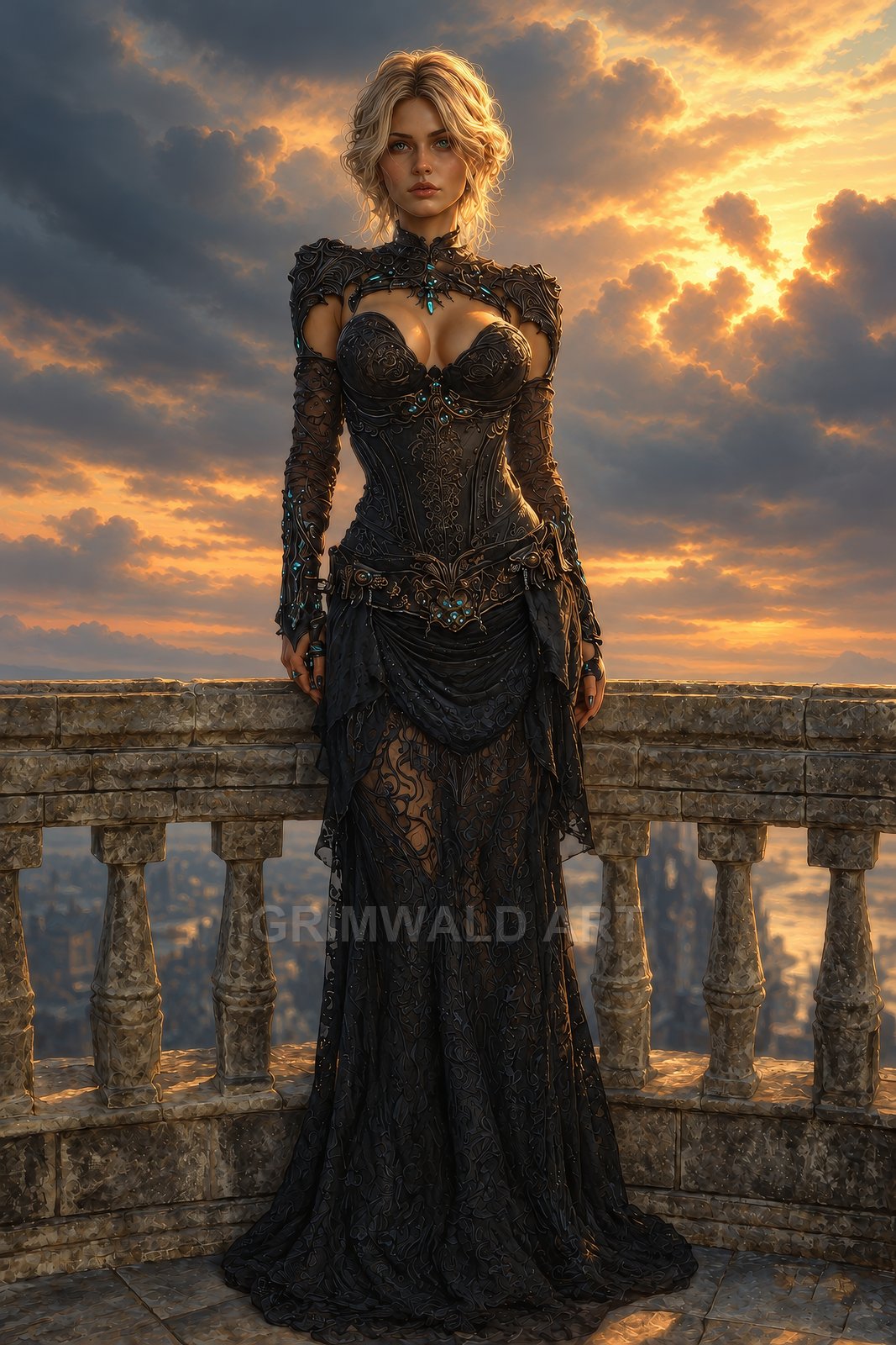 A blonde woman in ornate black lace armour stands on a stone castle balcony at sunset, clouds glowing gold over a distant city.