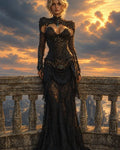 GRID THUMBNAIL — A blonde woman in ornate black lace armour stands on a stone castle balcony at sunset, clouds glowing gold over a distant city.