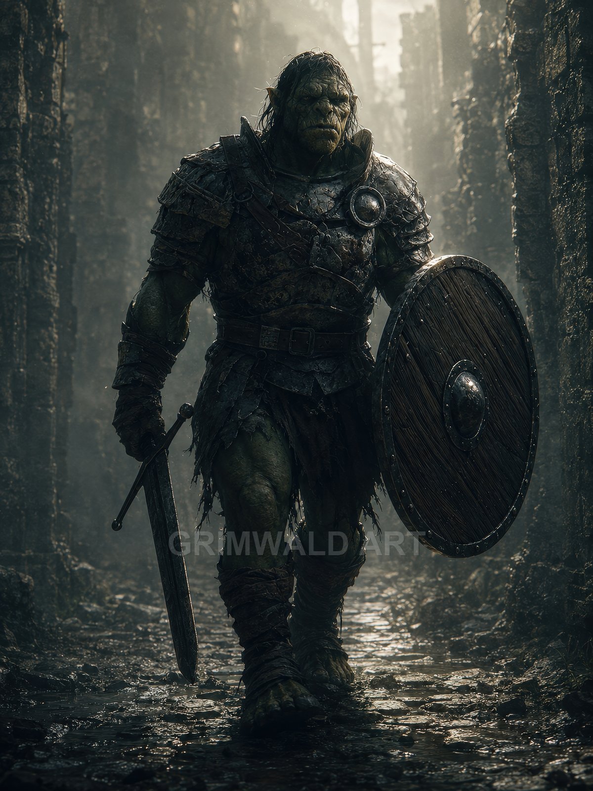 Armoured orc warrior with a wooden round shield and sword strides through ancient stone ruins on a wet, misty path under moody twilight.
