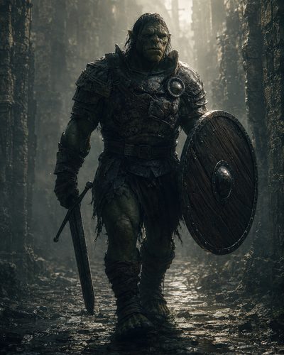 GRID THUMBNAIL — Armoured orc warrior with a wooden round shield and sword strides through ancient stone ruins on a wet, misty path under moody twilight.