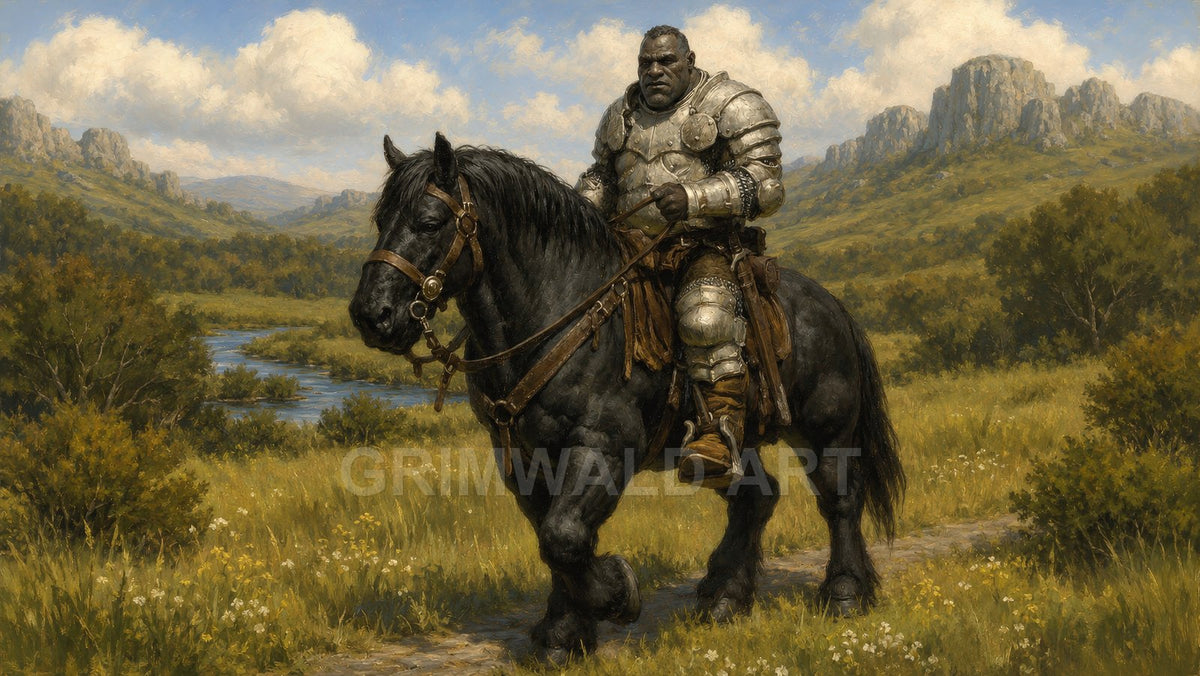 A heavily armoured knight rides a black warhorse along a grassy path beside a winding river, with distant mountains under a bright daytime sky.
