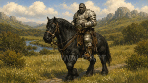 A heavily armoured knight rides a black warhorse along a grassy path beside a winding river, with distant mountains under a bright daytime sky.