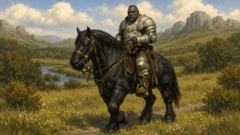 GRID THUMBNAIL — A heavily armoured knight rides a black warhorse along a grassy path beside a winding river, with distant mountains under a bright daytime sky.