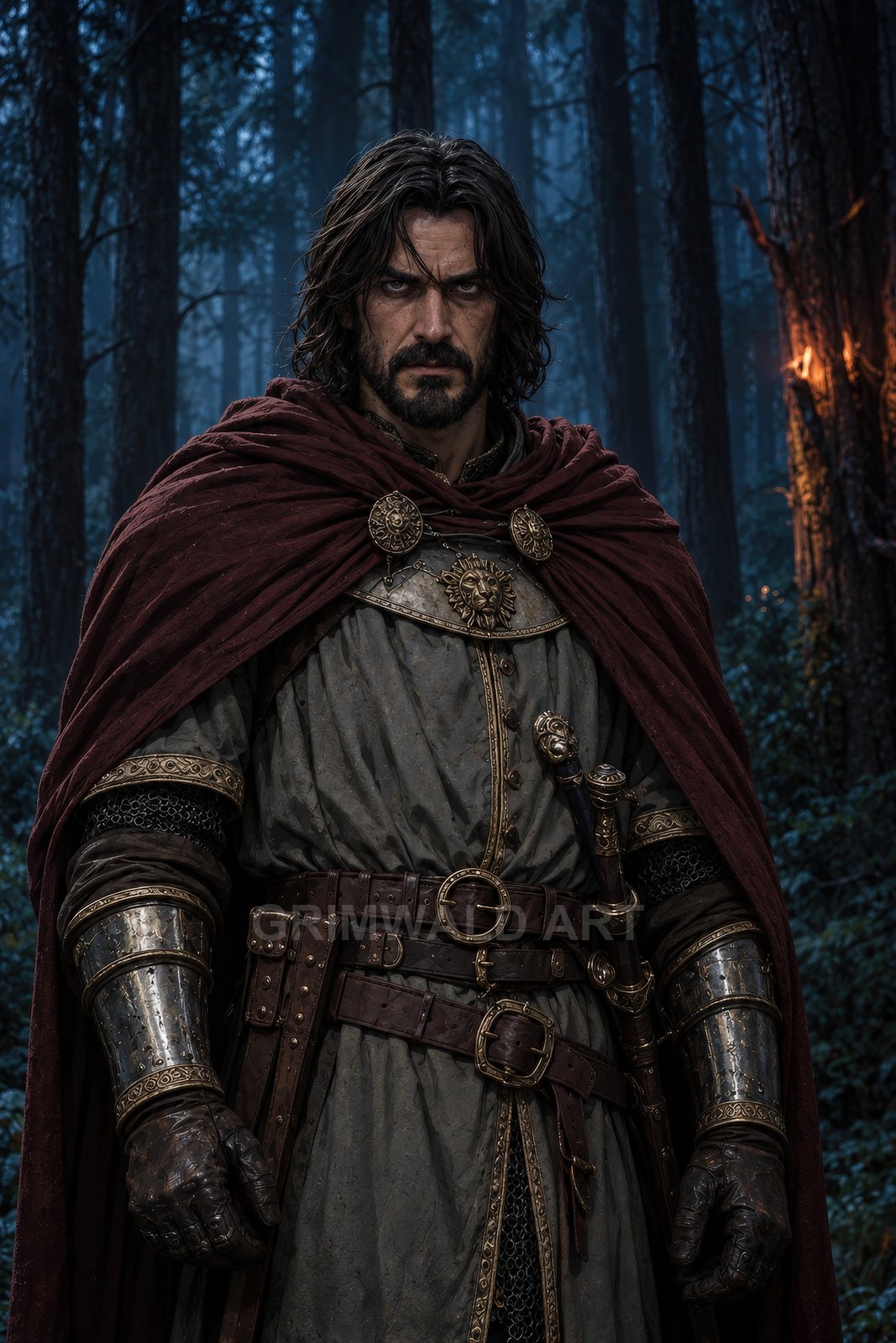 Bearded medieval warrior in ornate armour and maroon cloak stands in a misty forest, hand armoured, sword at hip, torchlight glowing behind.