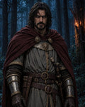 GRID THUMBNAIL — Bearded medieval warrior in ornate armour and maroon cloak stands in a misty forest, hand armoured, sword at hip, torchlight glowing behind.