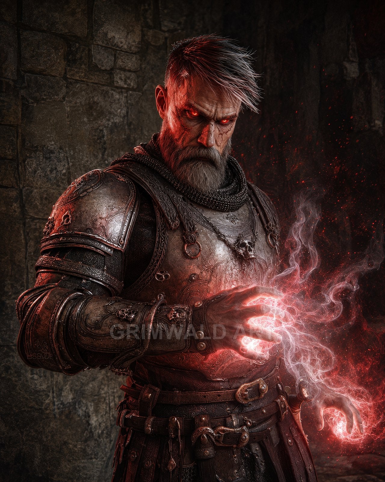 A grim, grey-bearded human warlock in ornate plate armour conjures swirling red energy, eyes blazing, inside a shadowed stone dungeon.