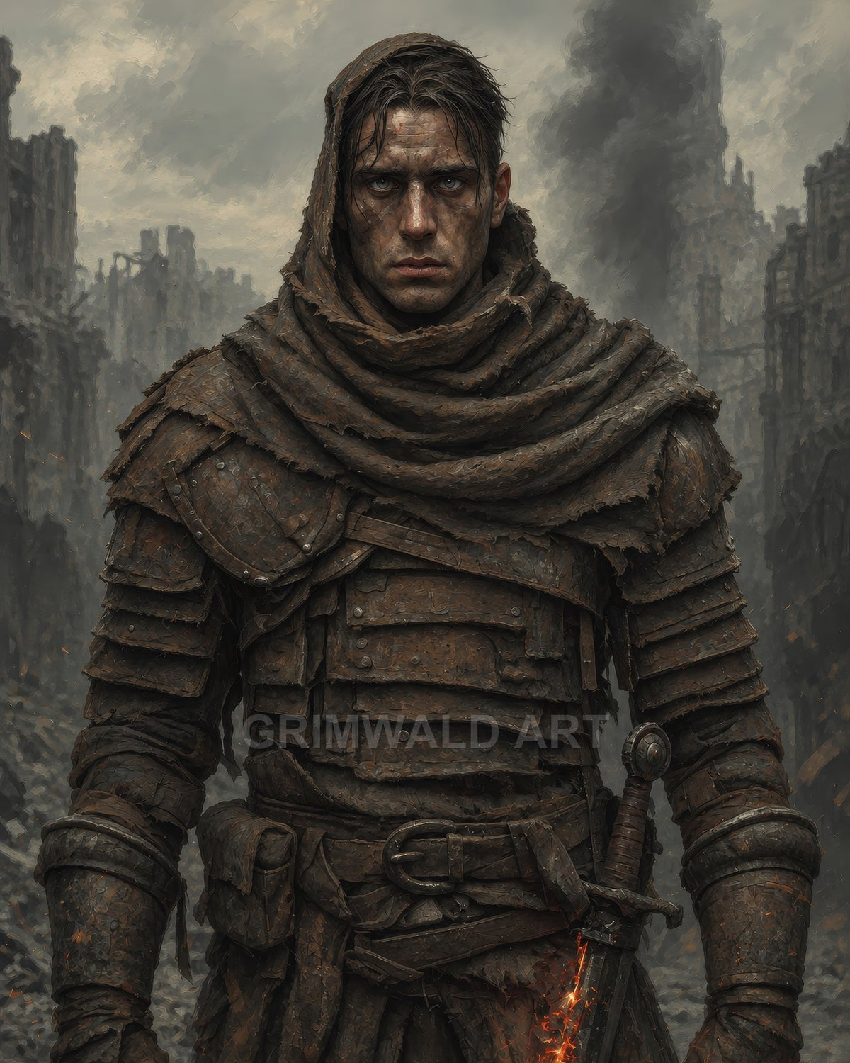 A grim male warrior in battered layered armour and hood stands in a smoky ruined city, with embers glowing along his sword.