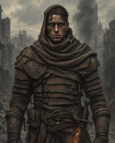 GRID THUMBNAIL — A grim male warrior in battered layered armour and hood stands in a smoky ruined city, with embers glowing along his sword.