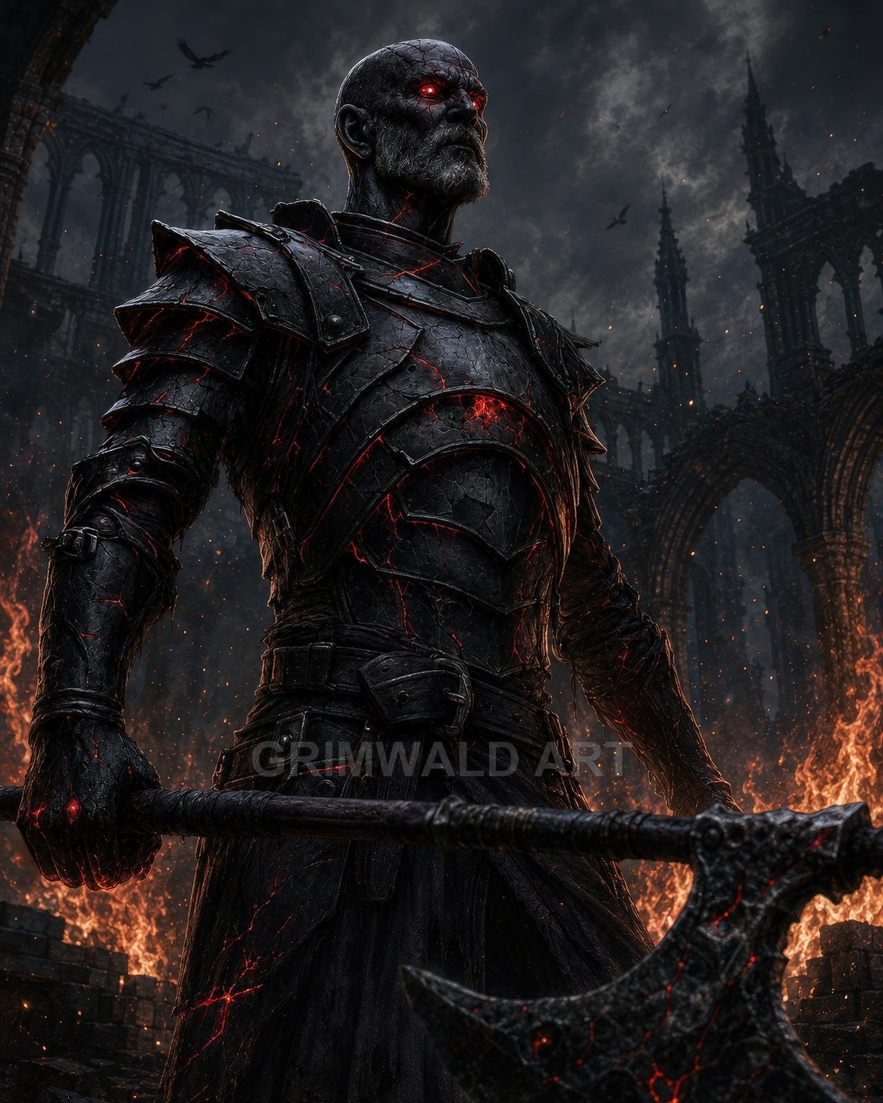 Armoured undead warrior with glowing red eyes grips a heavy battle axe before burning ruins of a gothic cathedral under stormy night skies.