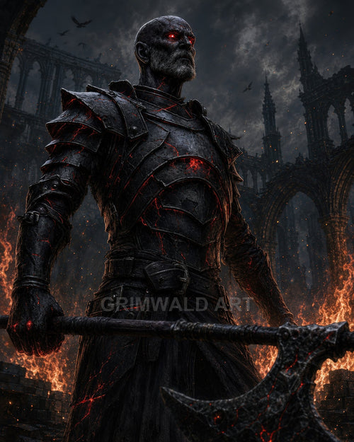 Armoured undead warrior with glowing red eyes grips a heavy battle axe before burning ruins of a gothic cathedral under stormy night skies.