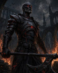 GRID THUMBNAIL — Armoured undead warrior with glowing red eyes grips a heavy battle axe before burning ruins of a gothic cathedral under stormy night skies.