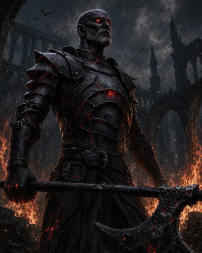 GRID THUMBNAIL — Armoured undead warrior with glowing red eyes grips a heavy battle axe before burning ruins of a gothic cathedral under stormy night skies.