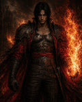 GRID THUMBNAIL — Brooding male sorcerer in scorched armour and red cloak conjures a roaring fireball, standing before a burning gothic cathedral and smoke-darkened city.