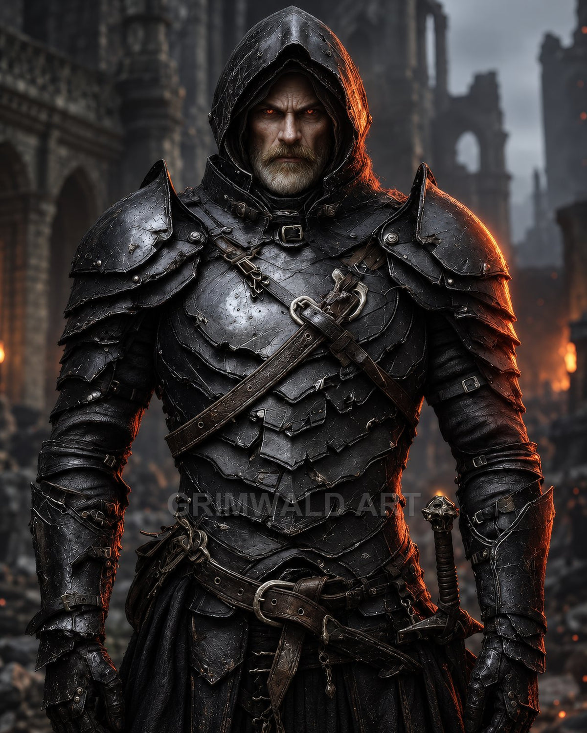Hooded armoured knight with glowing eyes stands amid burning gothic ruins, black plate armour and sword at his side under smoky twilight.