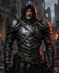 GRID THUMBNAIL — Hooded armoured knight with glowing eyes stands amid burning gothic ruins, black plate armour and sword at his side under smoky twilight.