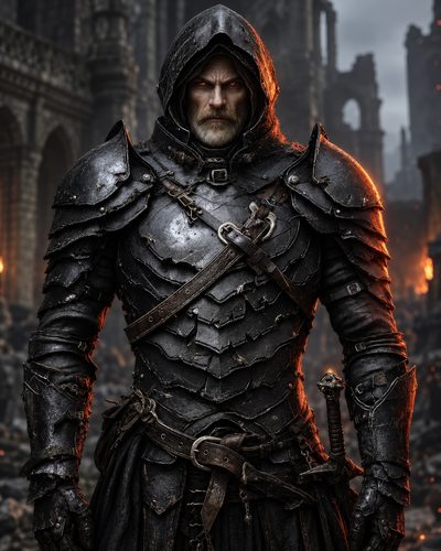 GRID THUMBNAIL — Hooded armoured knight with glowing eyes stands amid burning gothic ruins, black plate armour and sword at his side under smoky twilight.