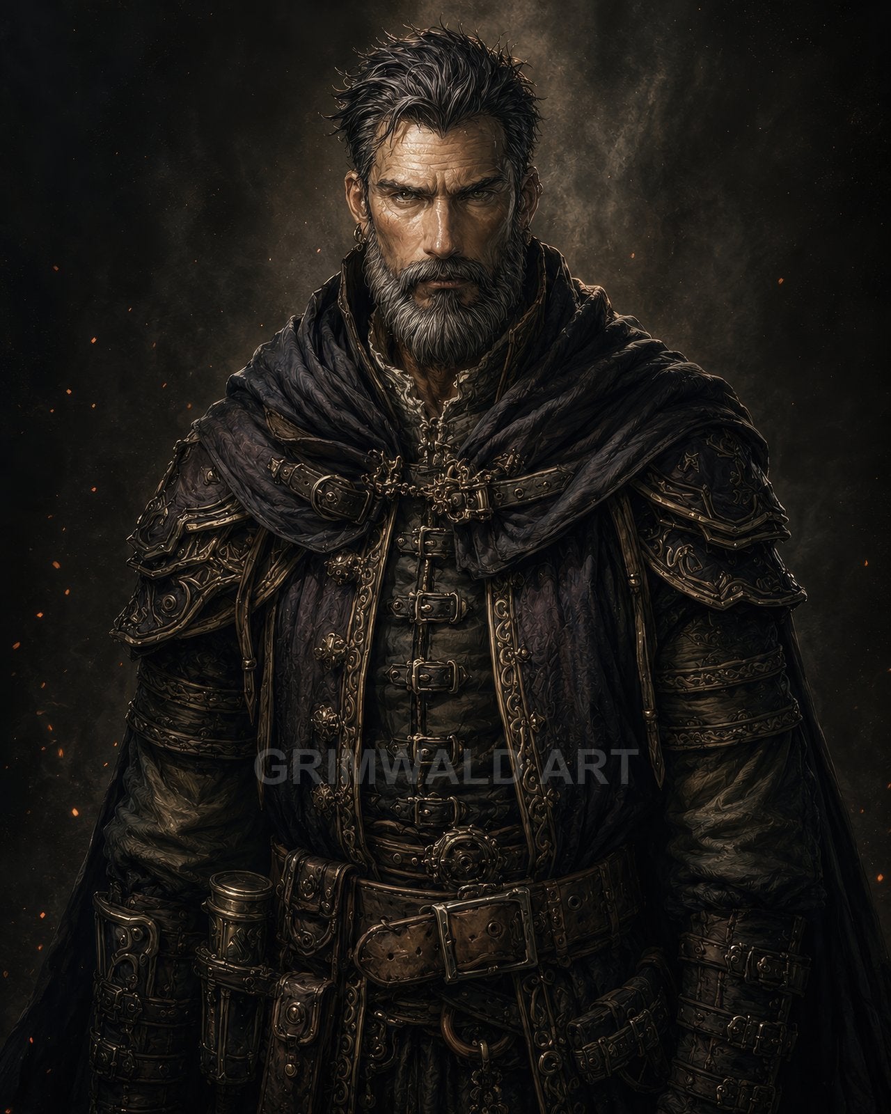 Bearded male warrior in dark ornate leather armour and cloak, facing forward against a smoky, ember-strewn backdrop, lit by warm firelight.