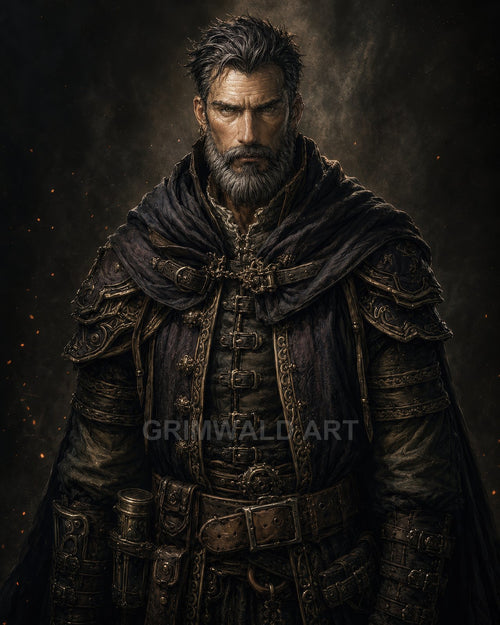 Bearded male warrior in dark ornate leather armour and cloak, facing forward against a smoky, ember-strewn backdrop, lit by warm firelight.