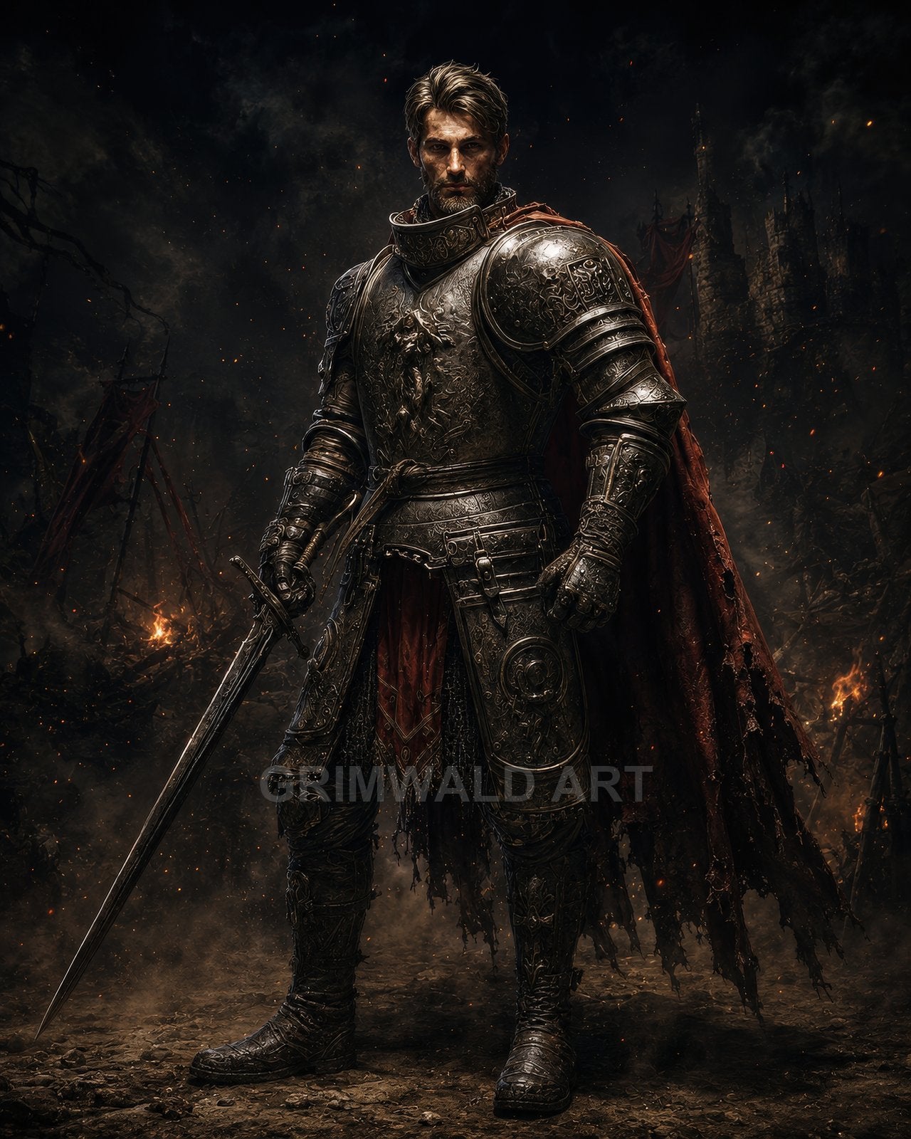 Armoured knight with tattered red cloak holds a sword amid smoke and sparks, with a looming ruined castle behind in dark, firelit gloom.