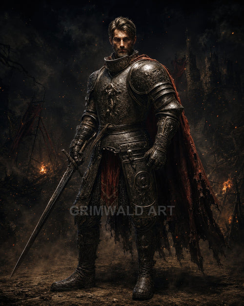 Armoured knight with tattered red cloak holds a sword amid smoke and sparks, with a looming ruined castle behind in dark, firelit gloom.