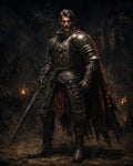 GRID THUMBNAIL — Armoured knight with tattered red cloak holds a sword amid smoke and sparks, with a looming ruined castle behind in dark, firelit gloom.