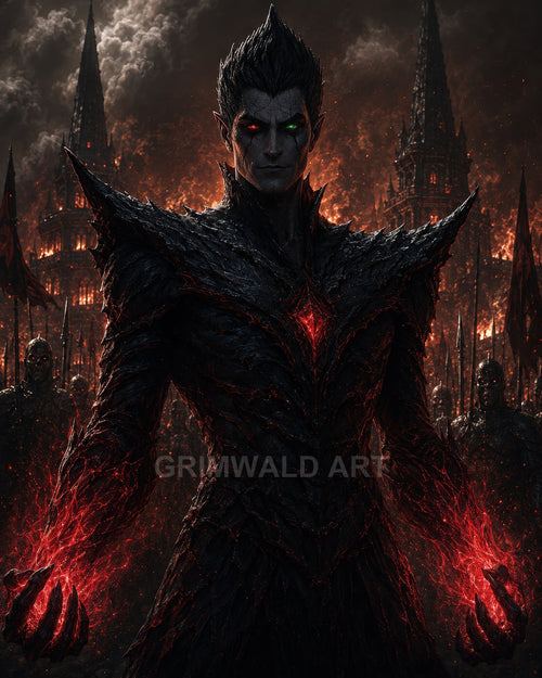 Armoured demonic figure with glowing red core and crackling hands stands before burning gothic spires, flanked by a dark army under fiery night skies.