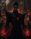 GRID THUMBNAIL — Armoured demonic figure with glowing red core and crackling hands stands before burning gothic spires, flanked by a dark army under fiery night skies.