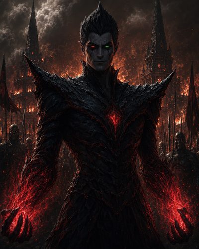 GRID THUMBNAIL — Armoured demonic figure with glowing red core and crackling hands stands before burning gothic spires, flanked by a dark army under fiery night skies.