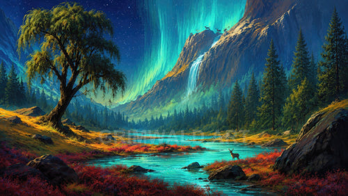 Retro fantasy valley beneath vivid teal aurora and starry night, with towering mountains, waterfall, pine forest, turquoise river, red shrubs, and a lone deer.