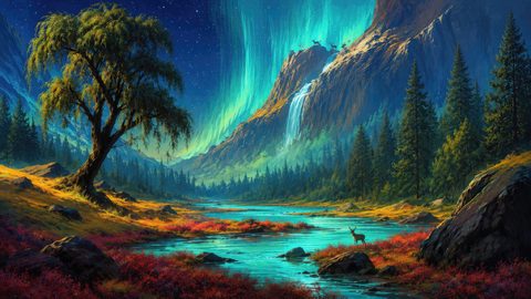 GRID THUMBNAIL — Retro fantasy valley beneath vivid teal aurora and starry night, with towering mountains, waterfall, pine forest, turquoise river, red shrubs, and a lone deer.