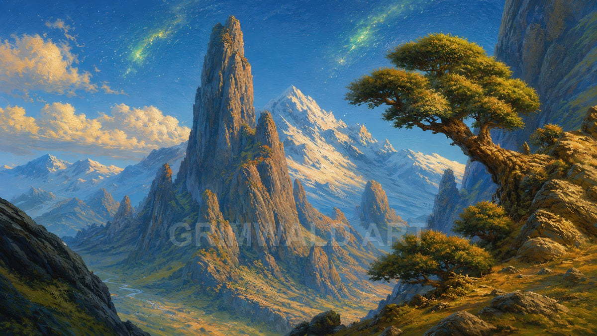 Retro fantasy painting of soaring jagged mountains and a windswept cliffside tree under a blue sky with drifting clouds and faint aurora.