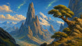 GRID THUMBNAIL — Retro fantasy painting of soaring jagged mountains and a windswept cliffside tree under a blue sky with drifting clouds and faint aurora.