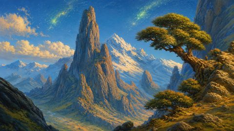 GRID THUMBNAIL — Retro fantasy painting of soaring jagged mountains and a windswept cliffside tree under a blue sky with drifting clouds and faint aurora.