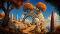 GRID THUMBNAIL — Fantastical stone arch with domed building and orange trees by a bright blue sea, sailboats, windmill, and spires under a clear daytime sky.