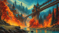 GRID THUMBNAIL — A grand arched bridge links turreted buildings above a calm river, surrounded by fiery autumn trees and misty pine mountains under a blue sky.