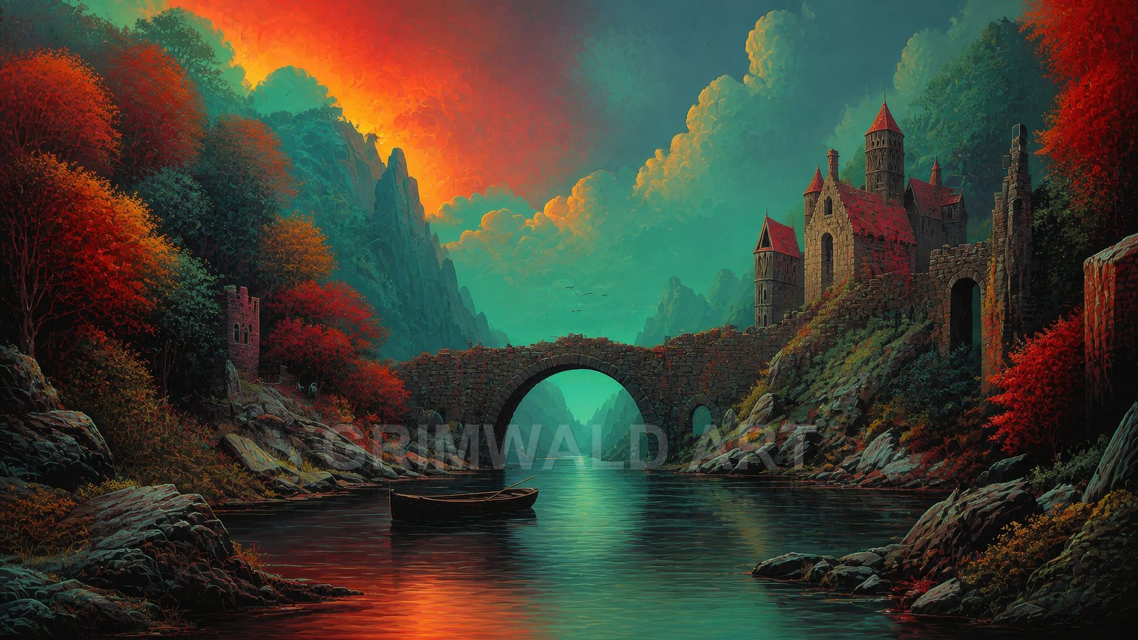 Autumnal river with a stone arch bridge and red‑roofed castle among rocky mountains under a dramatic sunset sky, with a small rowboat in the foreground.