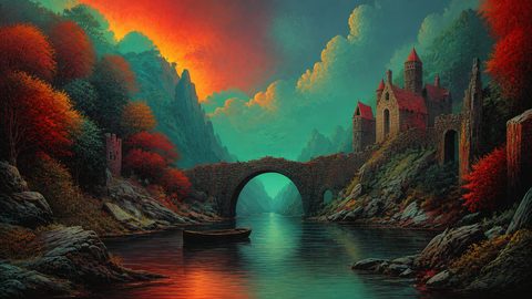 GRID THUMBNAIL — Autumnal river with a stone arch bridge and red‑roofed castle among rocky mountains under a dramatic sunset sky, with a small rowboat in the foreground.