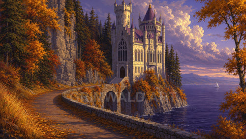 Gothic castle on a rocky cliff above a lake, autumn forest and winding road below, glowing at golden hour, with distant mountains and a sailboat.