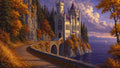 GRID THUMBNAIL — Gothic castle on a rocky cliff above a lake, autumn forest and winding road below, glowing at golden hour, with distant mountains and a sailboat.