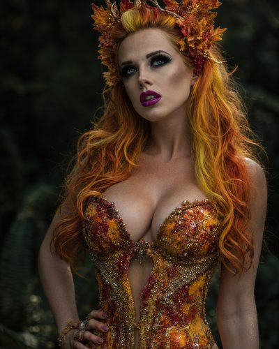 GRID THUMBNAIL — A fae woman with fiery orange hair wears an antlered leaf crown and jewel-encrusted autumn corset, posed in a dim forest setting.